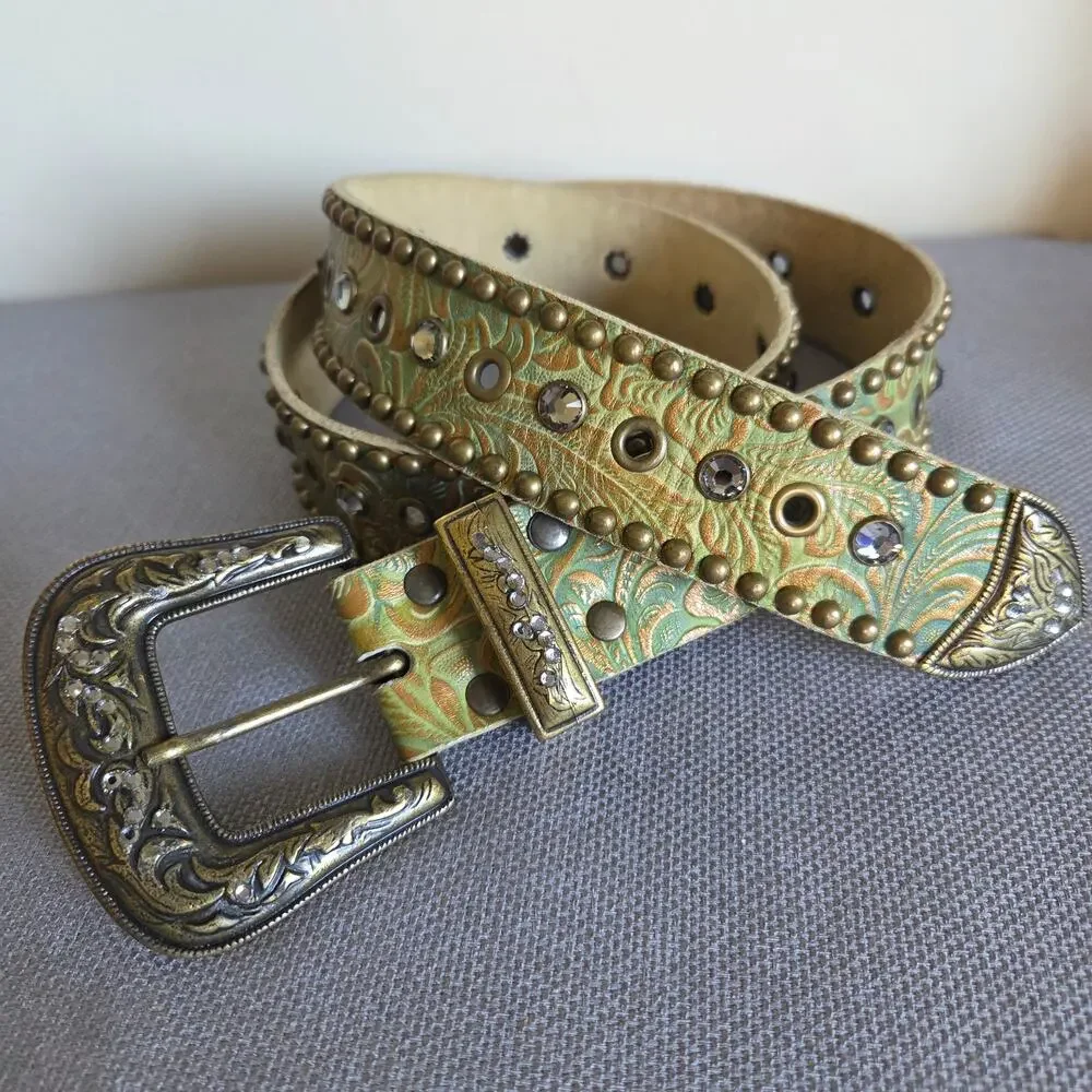 Vintage Leatherock Women's S32 Western Tooled Leather Rhinestone Studded Belt